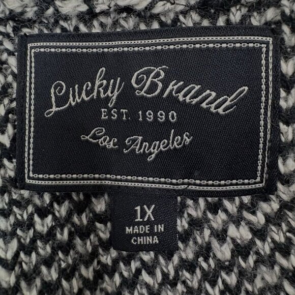 Lucky Brand Shawl Cardigan Open Black White Geometric Sweater Women’s 1X Warm - Picture 13 of 15